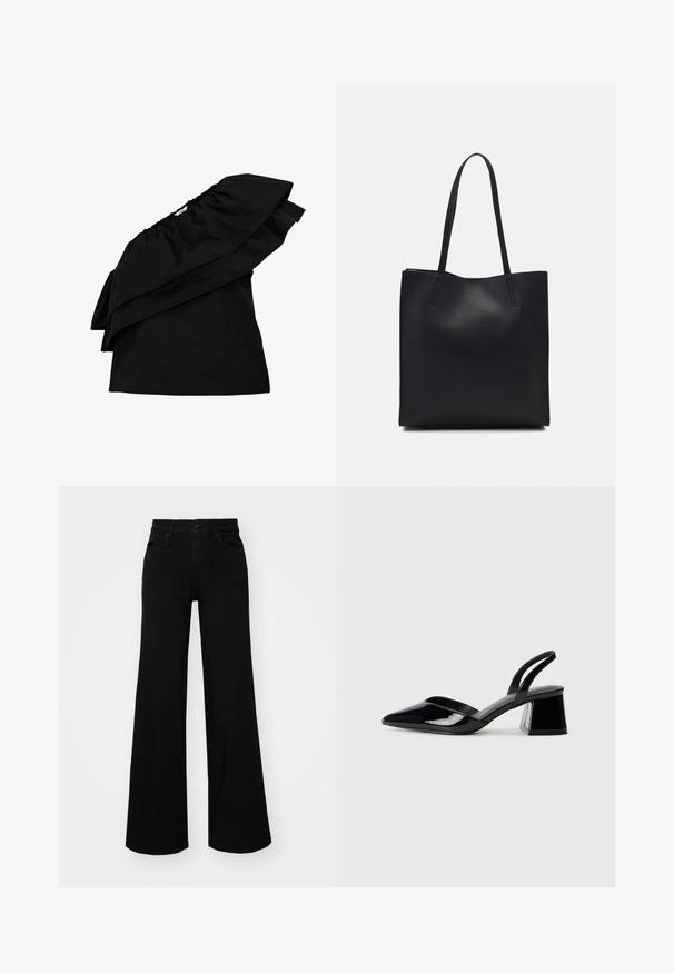 Object ONE-SHOULDER - Blouse - black; Pantalons large en denim noir, dotés d'une taille structurée, de passants de ceinture et de poches avant. Texture lisse avec un design classique.; Escarpins en cuir verni noir avec bout pointu et talon bloc géométrique. Présente un design élégant et minimaliste ainsi qu'une texture lisse.; Sac fourre-tout en cuir noir avec une texture lisse, de forme rectangulaire et deux longues poignées. Pas de matériel ou d'ornementations visibles.