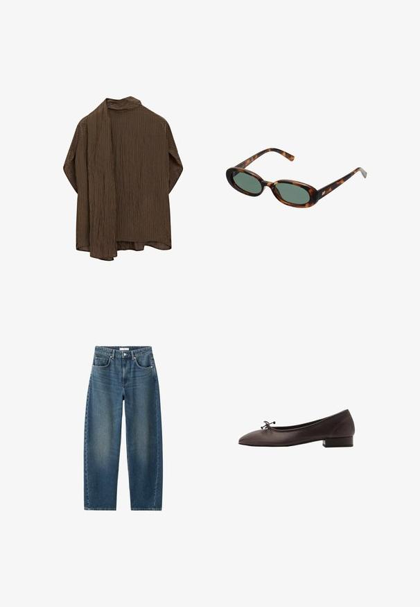 Bruin gestreept shirt met een open voorkant, voorzien van een kraag en lange mouwen. De stof is lichtgewicht met een zachte textuur. Het ontwerp is losvallend.; Donkerblauwe denim jeans met een rechte pijp, vijf-pocket ontwerp en een klassieke knoopsluiting. Zachte textuur met subtiele vervaging.; Bruine leren balletschoen met een ronde neus en een kleine blokhak. Kenmerkt zich door een dunne strik aan de voorkant en subtiele stikdetails.; schildpadbril met ovale monturen en groene lenzen. Heeft dunne spijlen met een metalen accent nabij de scharnieren.; Geweven gele handtas met een gebogen handvat aan de bovenkant en een ongestructureerde vorm. Het gestructureerde oppervlak heeft een kruissteekpatroon over de hele tas.