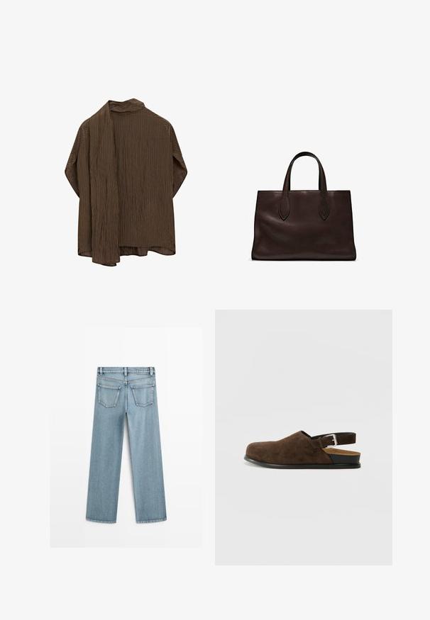 Braun gestreiftes Hemd mit offenem Vorderteil, das einen Kragen und lange Ärmel hat. Der Stoff ist leicht und hat eine weiche Textur. Das Design ist lässig geschnitten.; Hellblaue Jeans im weit geschnittenen Design mit mittelhohem Bund, zwei aufgesetzten Gesäßtaschen und einem klassischen geraden Schnitt.; Braune Wildleder-Ballenrutscher mit niedrigem Absatz, verstellbarem Riemen mit silberner Schnalle und schwarzer Gummisohle.; Braune Ledertasche mit zwei langen Griffen, strukturierte rechteckige Form, glatte Textur und dezente Nähdetails.