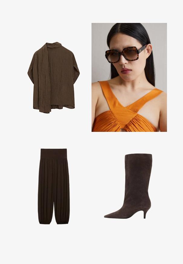 Brązowa koszula w paski z otwartym przodem, posiadająca kołnierz i długie rękawy. Materiał jest lekki i ma miękką fakturę. Krój jest luźny.; Brązowe spodnie z plisami i szerokim, elastycznym pasem. Materiał jest lekki i teksturowany, z marszczonymi wykończeniami u dołów.; Brązowy zamszowy botek do kolan z wysmukłym noskiem i średnim obcasem, charakteryzujący się gładką teksturą i eleganckim wzornictwem.; Brązowe okulary przeciwsłoneczne w tortoise shell o dużym prostokątnym oprawie i gradientowych soczewkach. Złota detalacja logo po boku.; Szara skórzana torba o wyraźnej strukturze, z krótkim uchwytem, złotymi akcentami oraz centralnym zapięciem. Logo marki z przodu.