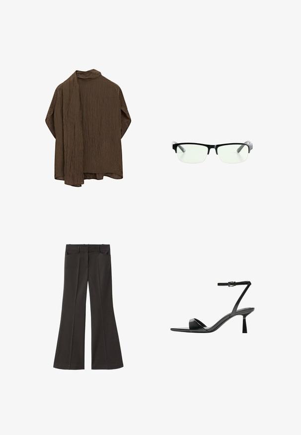 Brunstribet skjorte med åben front, der har krave og lange ærmer. Stoffet er let og har en blød tekstur. Designet er rummeligt.; Sorte flagrende bukser med høj talje; har to forlommer og en glat stofstruktur. Egnet til forskellige anledninger.; Bershka Højhælede sandaletter / Højhælede sandaler - black; Sorte rektangulære briller med klare linser, der har slanke sorte stel og grå transparente brillestænger. Minimalistisk design, ingen synlig branding.; Sort quiltet læderhåndtaske med en samlet top, guldkæde-rem og rektangulær form, holdt mod en ensfarvet baggrund.