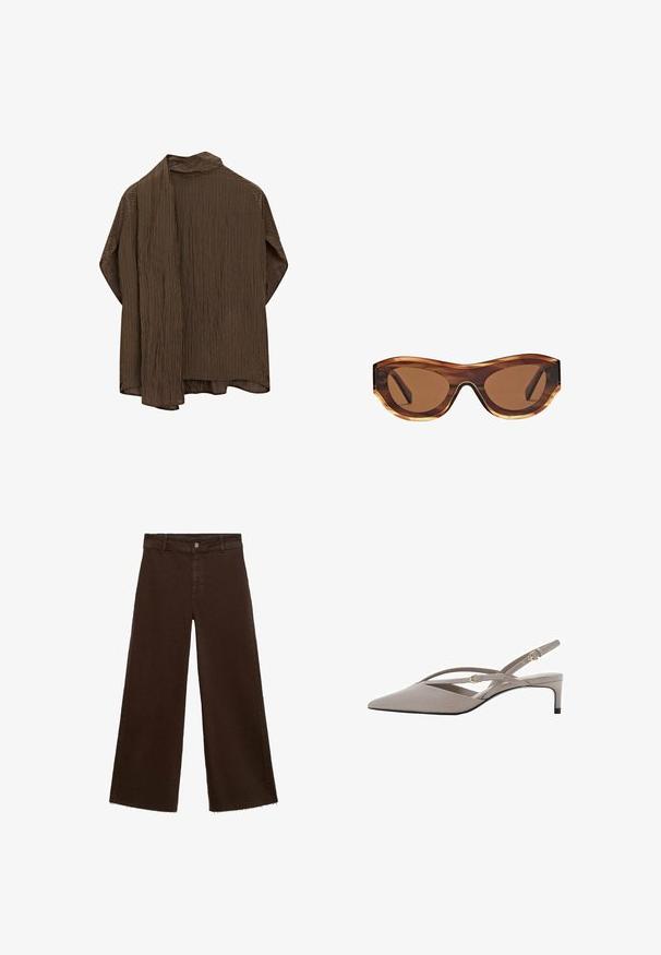Braun gestreiftes Hemd mit offenem Vorderteil, das einen Kragen und lange Ärmel hat. Der Stoff ist leicht und hat eine weiche Textur. Das Design ist lässig geschnitten.; Braune, weit geschnittene Hosen aus Baumwollmischung mit fransigem Saum, vorderem Knopfverschluss und klassischem Fünf-Taschen-Design. Minimalistisch und vielseitig.; Beige Slingback-High Heels mit spitzem Zehenbereich, dünnen, gekreuzten Riemen und einem kurzen Stiletto-Absatz. Glattes Material mit goldfarbenen Hardware-Akzenten.; Sonnenbrille mit Schildpatt-rahmen, braunen Verlaufslinsen und einer eleganten Katzenaugenform. Hergestellt aus leichtem Kunststoff mit glänzender Oberfläche.; Mango Shopping Bag - dark brown