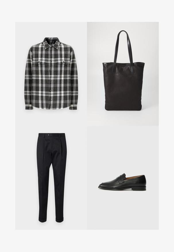 Fekete-fehér kockás flaneling, hosszú ujjak, gombos elülső rész, két mellzseb, puha textúra, strukturált gallér, egyenes szegély.; Fekete nadrág sima anyagból, elöl hajtással, gombos záródással és felgöngyölt szárakkal a bokánál.; Fekete bőr mokaszin, kerek orral, diszkrét varrásokkal és alacsony sarokkal, sima felülettel és minimalista dizájnnal.; Fekete vászontáska fekete bőr füllel. Egyszerű dizájn, tágas test és sima textúra. Nincsenek látható logók vagy minták.