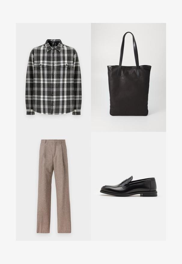 Juodas ir baltas langeliais flanelinis marškiniai, ilgomis rankovėmis, mygtukais užsegamos, su dviem krūtinės kišenėmis, minkšta tekstūra, struktūruotas apykaklė, tiesus apatinis kraštas.; Rudos, aukšto liemens kelnes, pagamintas iš tekstūruotos medžiagos. Plati kojos, dvi priekinės klostės struktūrai. Tvarkingas apdailos darbai, be matomų detalių.; Juodos odinės loafers, turinčios lygų paviršių, apvalią noselę ir dekoratyvinę juostą per priekinę dalį. Žemas krentantis kulnas, minimalistinis dizainas.; Juodas drobės pirkinių maišelis su juodais odiniais rankenomis. Paprastas dizainas, erdvus kūnas ir lygus paviršius. Nėra matomų logotipų ar raštų.