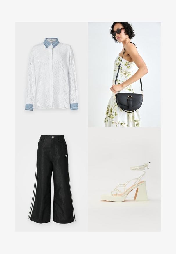 White, long-sleeve shirt with eyelet pattern and denim collar. Button-down front and denim cuffs; lightweight fabric, casual design.; Black wide-leg denim pants with three white stripe accents on each side and a small white logo. Features front pockets and a button closure.; White high-heeled sandal with a chunky heel, featuring a strappy design and ankle tie. Smooth texture with a platform front for added height.; Black leather handbag with a curved shape, detachable strap, and gold hardware. The bag features a flap with a buckle detail.