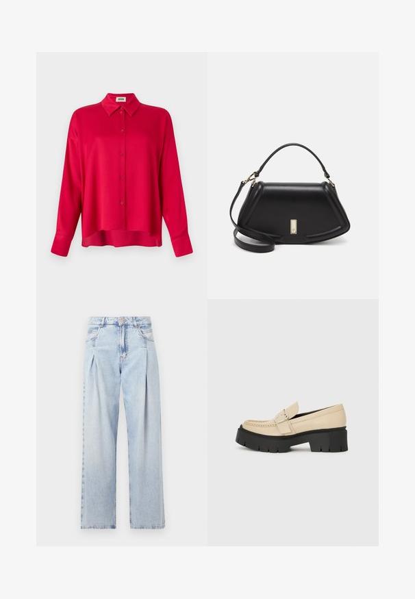 Rode button-up shirt met een kraag, lange mouwen en een relaxte pasvorm. Gladde textuur, geen zichtbare patronen of accenten.; Lichtblauwe denim jeans met een hoge taille, wijde pijpen, twee zijzakken en geplooid ontwerp. Zachte textuur met een vervaagd uiterlijk.; Beige leren loafers met een zwarte chunky zool, voorzien van een decoratieve gesp en stikseldetails aan de voorkant. Zijaanzicht.; Zwarte leren handtas met een gestructureerd ontwerp, featuring een verkorte vorm, bovenhandvat en gouden hardwareaccent. Inclusief verstelbare schouderband.