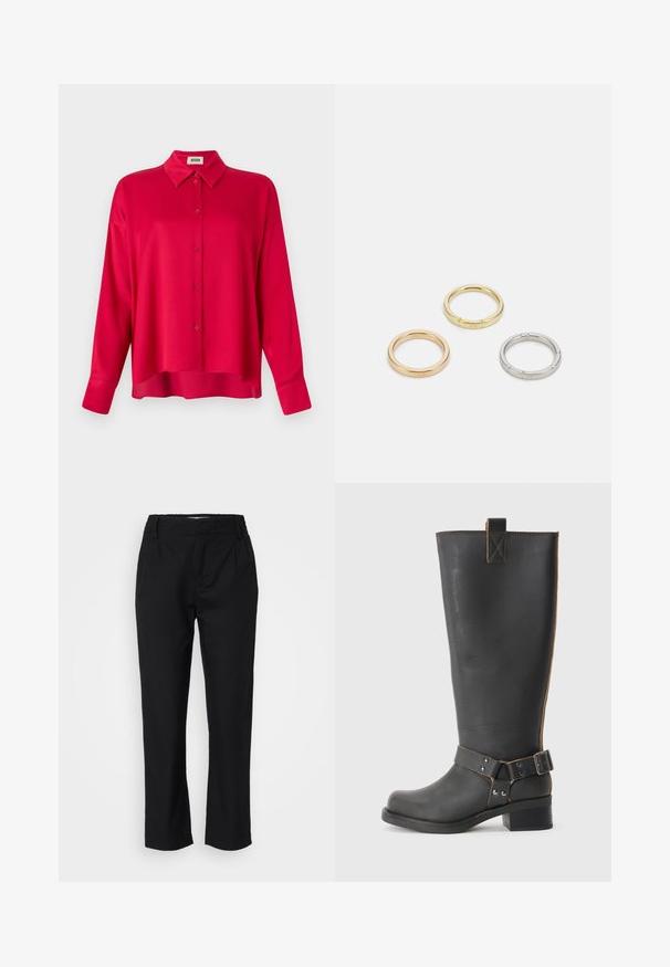 Rotes Button-Down-Hemd mit Kragen, langen Ärmeln und lockerer Passform. Glatte Textur, keine sichtbaren Muster oder Akzente.; Schwarze Hose aus einem glatten Stoff mit geradem Bein, vorderen Falten und einem elastischen Bund für Komfort. Keine sichtbaren Beschläge.; Schwarze Leder-Stiefel bis zum Knie mit strukturiertem Finish, seitlichem Schnallenakzent und niedrigem Absatz. Detaillierte Steppnähte entlang der Nähte.; Drei Metallringe: einer in Roségold, einer aus Gold mit strukturierten Akzenten und einer aus Silber, alle mit graviertem Branding auf dem inneren Band.