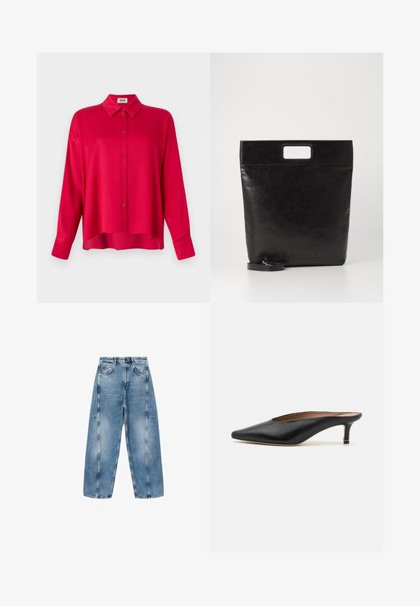 Punainen nappikauluspaita, jossa on kauluskortti, pitkät hihat ja rento istuvuus. Sileä rakenne, ei näkyviä kuvioita tai yksityiskohtia.; Vaaleansiniset farkut ovat rentoa mitoitusta, isoilla taskuilla ja kontrastiväreillä ommeltuina. Kankaan pinta on haalistunut ja sileä.; Musta nahkakengät, joissa on terävä kärki ja matala, lohkareena korko. Sileä pinta ja tyylikäs muotoilu. Avoin takapuoli, jossa on minimaalista yksityiskohtaisuutta.; Musta nahkainen kassi neliskulmaisella kahvalla, jossa on teksturoitu pinta ja kohokuvioitu logo. Mukana irrotettava olkahihna.