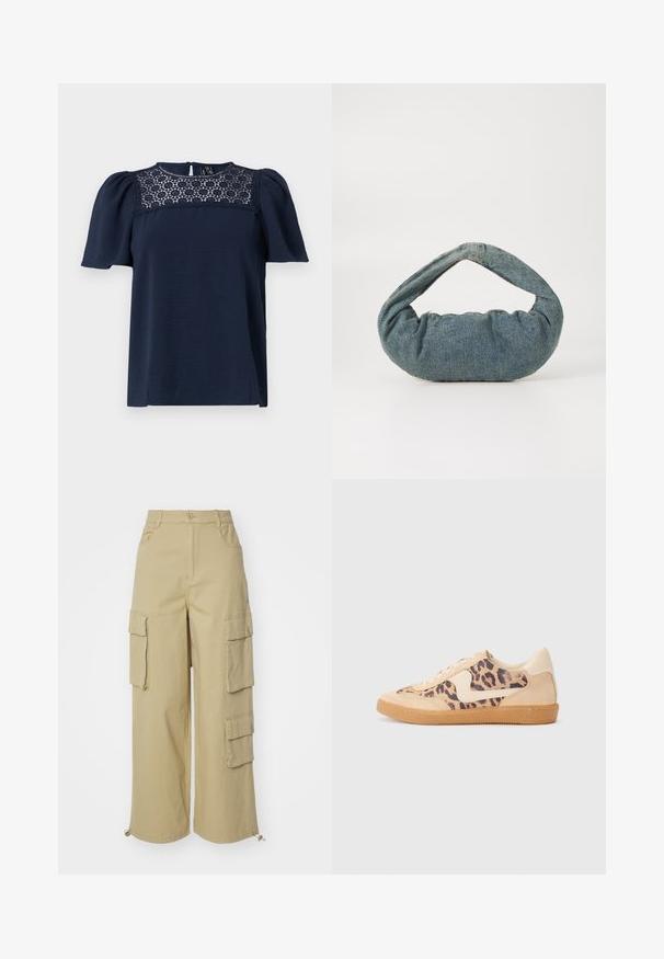 Navy blue short-sleeve top with a textured body and a lace panel at the neckline. Back button closure, slightly puffed sleeves.; Beige cargo pants featuring wide legs, two large side pockets, front pockets, and a drawstring detail at the hem. Cotton blend fabric.; Leopard print sneakers with beige suede upper, tan rubber sole, and white accents. Round toe and lace-up design with a textured finish.; Blue denim bag with a padded, rounded shape and a curved handle. The texture is soft, featuring visible stitching and a smooth finish.