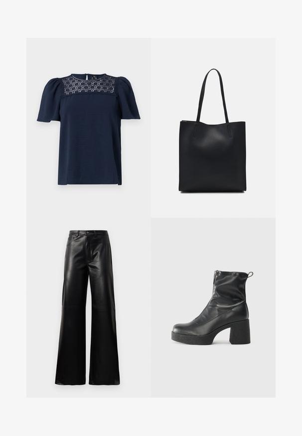Marineblå kortærmet top med en struktureret krop og en blondepanel ved halsen. Lukning med knap bagpå, let puffede ærmer.; Sorte high-waisted bukser i bred ben i imiteret læder med forreste knap, lynlås, bæltestropper og sidelommer på hvid baggrund.; Sorte ankelstøvler lavet af glat læder, med en sidelukning, kraftig struktureret hæl og rundt tådesign.; Sort læder tote taske med glat tekstur, rektangulær form og to lange hanke. Ingen synlig hardware eller udsmykninger.