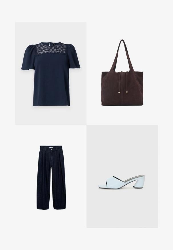 Temno modra majica s kratkimi rokavi z teksturirano telo in čipkastim delom pri ovratniku. Zapenjanje na hrbtni strani z gumbi, rahlo napihnjeni rokavi.; Temne traper hlače širokega kroja z naborki na pasu, z sprednjim gumbom in zankami za pas. Gladka tekstura in dolga zasnova.; Svetlo modre sandale na peto z odprtim prstom in geometrijskim vzorcem, ki imajo širok trak čez nogo in masiven, kotni višji del.; Mango Torba za nakupovanje - dark brown