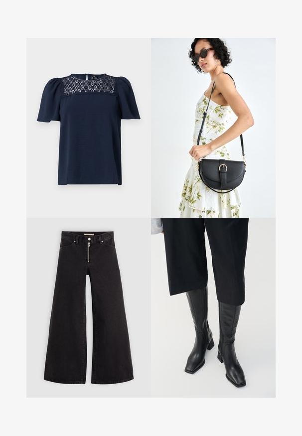 Tamsiai mėlynas trumpas rankovėmis viršus su tekstūruotu audiniu ir nėriniu apykaklėje. Uždarymas nugaros mygtuku, šiek tiek pūsta rankovėmis.; Plačios kojų džinsai iš juodo džinsinio audinio su užtrauktuku priekyje, penkių kišenių dizainu ir subtiliais siuvinėjimo akcentais. Lygus paviršius ir laisvalaikio stilius.; Juodos odinės iki kelio pasiekiantys batai su kvadratiniu pirštu ir stačiu kulnu. Yra šoninis užtrauktukas ir lygi tekstūra.; Juodas odinis krepšys su išlenkta forma, nuimamu dirželiu ir auksiniais detalėmis. Krepšys turi kilpą su sagtimi.