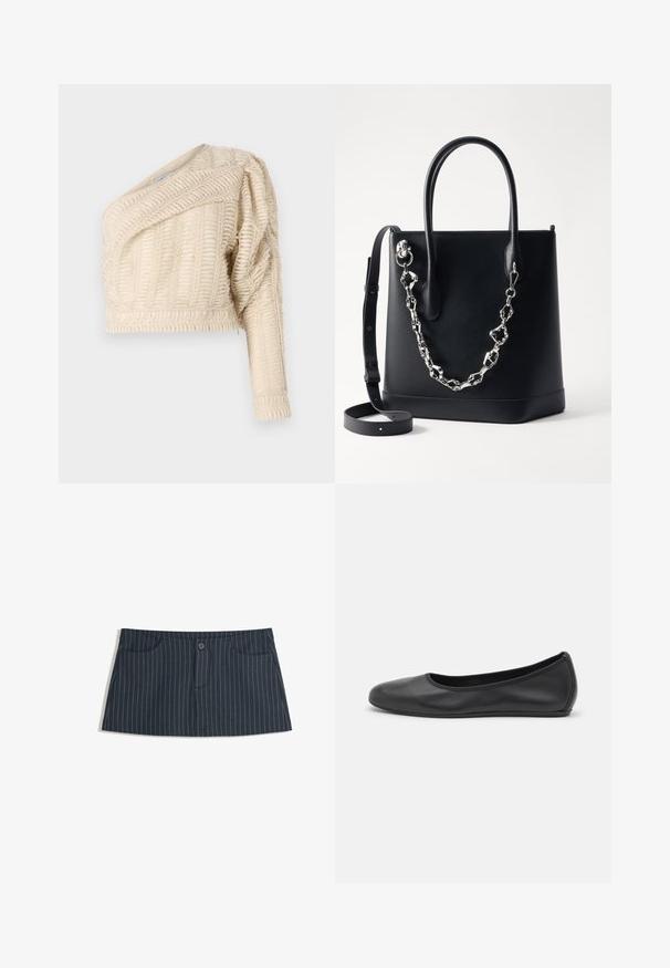 Giacca corta in crema con texture, collo diagonale, maniche a sbuffo e motivo a foglie tessuto, con orlo a coste.; Mini gonna blu navy a righe con tasche frontali e una chiusura con un singolo bottone in vita.; Pantofole da balletto nere in pelle con punta arrotondata, texture liscia, dettagli di cucitura minimi e design con suola flessibile.; Borsa tote nera in pelle con un design strutturato, caratterizzata da un accento in catena argentata e doppi manici. Include una tracolla in pelle rimovibile.