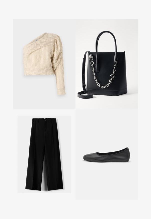 Krémová strukturovaná krátká bunda s diagonálním výstřihem, nadýchanými rukávy a tkaným listovým vzorem, s žebrovaným lemem.; Černé široké kalhoty z lehkého materiálu s předním zapínáním na knoflík a hladkým předním dílem, s pečlivě přišitými lemy.; Černé kožené baletní byty s kulatou špičkou, hladkou texturou, minimálními švy a flexibilním designem podrážky.; Černá kožená taška přes rameno se strukturovaným designem, obsahující stříbrný řetěz a dvojité uši. Součástí je odnímatelný kožený popruh.