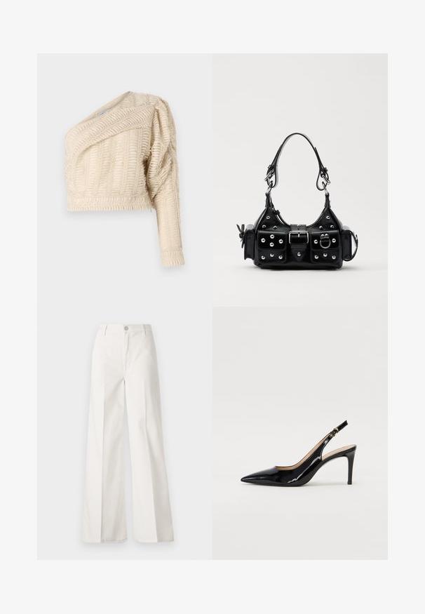 Cremfarbener, strukturierter Crop-Jacke mit schrägem Ausschnitt, puffierten Ärmeln und gewebtem Blattmuster, ausgestattet mit einem gerippten Saum.; Weiße weite Hosen aus Baumwolle mit glatter Textur. Sie verfügen über einen vorderen Knopf, einen Reißverschluss und ein Design mit vier Taschen.; Schwarz lackierte Slingback-Pumps mit spitzem Zehenbereich, schlankem Absatz und einem subtilen Ausschnittdesign. Verfügt über eine goldene Schnalle am Riemen.; Schwarze Lederhandtasche mit einem geschwungenen Design, verziert mit silbernen Nieten, einer Schnalle und zwei seitlichen Taschen. Verstellbarer Träger für verschiedene Tragemöglichkeiten.