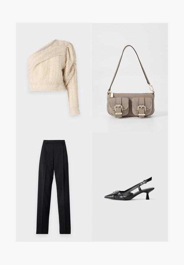 Crème textured cropjack met een diagonale halslijn, pofmouwen en een geweven bladerenpatroon, met een geribde onderrand.; Zwarte broek gemaakt van gladde stof met een hoge taille, wijde benen, voorplooien en klassieke ceintuurlussen. Geen zijzakken zichtbaar.; Zwarte leren slingback schoen met een puntige neus, decoratieve banden met metalen oogjes en een lage blokhak. Textuur oppervlak.; Beige handtas met textuur, verstelbare schouderriem, twee voorvakken beveiligd met gespen en accenten van gouden hardware. Ritssluiting aan de bovenkant.