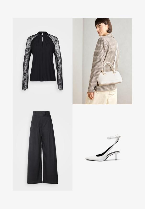Juoda palaidinė su ilgomis nėrinių rankovėmis, aukštu kaklu ir atidarymu priekyje. Lygus audinys kontrastuoja su sudėtinga nėrinių tekstūra.; Tamsūs, plačiai sėdintys kelnių su struktūrizuotu juosmeniu ir gyslomis. Pagaminti iš lengvos medžiagos, pasižyminčios glotnia tekstūra ir be matomų raštų.; Balti smaili ovalo pirštai su banguota atvira užsegimo juosta. Lygi odinė medžiaga, plonas stiletto kulnas ir juodas vidinis pamušalas.; Balta struktūruota rankinė su trumpomis rankenomis ir peties diržu, su auksinėmis detalėmis ir tekstūruota medžiaga, pastatyta prieš pilką foną.