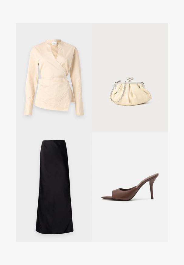 Kremo spalvos apvyniotas marškinis, pagamintas iš medvilnės, su ilgomis rankovėmis, gilia V formos iškirpte ir šoniniu raiščiu, suteikiančiu formą ir struktūrą.; Norma Kamali BIAS OBIE SKIRT - Maksi sijonas - black; Rudi odos atviri aukšti kulniukai su elegantišku dizainu, turinčiu plačią priekinę juostą ir siauromis stiletto kulkšnimis.; Plyšiniai smėlio spalvos odiniai rankinukai su sidabriniu metaliniu rėmu, turintys du apvalius dekoratyvinius užtrauktukus ir sidabrinę grandinėlę.