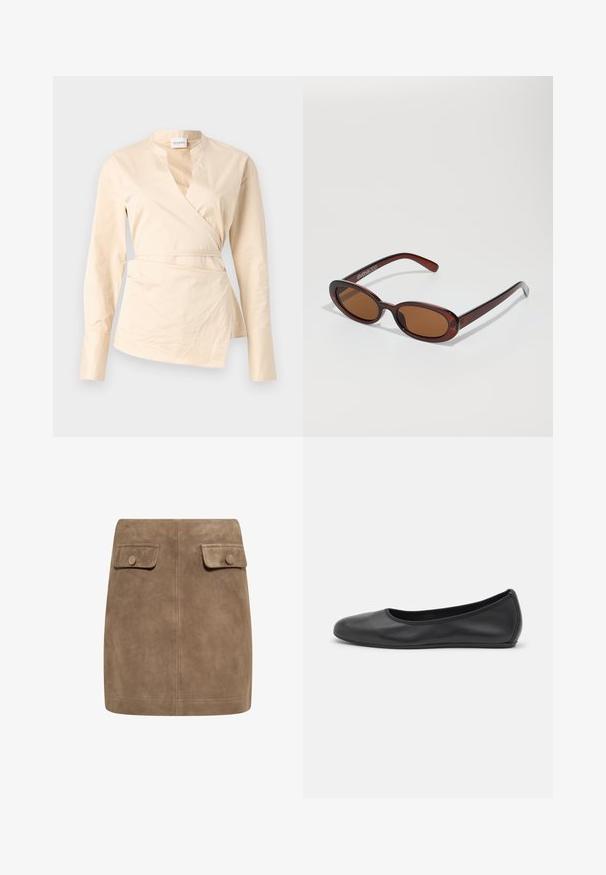 Beige wrap shirt made from cotton, featuring long sleeves, a deep V-neck, and a side tie detail for shape and structure.; Brown suede mini skirt with a smooth texture, featuring two front flap pockets and button closures on each side. Simple, straight design.; Black leather ballet flat with a rounded toe, smooth texture, minimal stitching detail, and a flexible sole design.; Round, brown-tinted sunglasses with a glossy burgundy frame. Slim arms with subtle branding detail. Flat lens design.; Brown suede hobo bag with a curved, wide handle and a large opening. Soft texture with visible stitching detailing along the edges.; Casio quartz watch with a rectangular silver dial, gold accents, and a two-tone metal bracelet in silver and gold. Water-resistant feature.