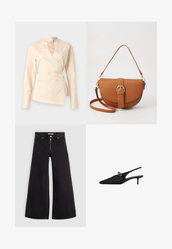 Beige wrap shirt made from cotton, featuring long sleeves, a deep V-neck, and a side tie detail for shape and structure.; Wide-leg jeans in black denim with a zippered front, five-pocket design, and subtle stitching details. Smooth texture and casual style.; Black slingback heels with pointed toes, textured mesh upper, slim adjustable strap with silver buckle, and 5 cm stiletto heels.; Brown leather crossbody bag with a curved shape, gold hardware, and a buckle accent. Features a detachable shoulder strap.