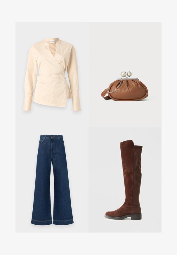 Chemise wrap beige en coton, dotée de manches longues, d'un profond décolleté en V et d'un détail de lien sur le côté pour la forme et la structure.; Jeans en denim bleu à taille haute et jambes larges, avec une fermeture à bouton, des passants de ceinture et des détails de couture subtils le long des poches et des ourlets.; Botte en daim et tissu marron, haute, avec un petit talon noir et un bout arrondi, présentée en vue de profil sur un fond blanc uni.; Pochette en cuir marron avec un fermoir à boule en argent et un petit détail en chaîne argentée sur fond blanc.