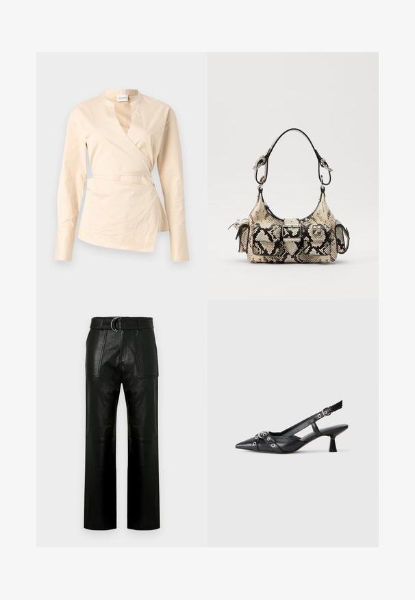 Beige käärittävä paita, joka on valmistettu puuvillasta. Siinä on pitkät hihat, syvä V-kaula-aukko ja sivusiteet, jotka antavat muotoa ja rakenteellista ilmettä.; Korkeavyötäröiset mustat nahkahousut, joissa on leveät lahkeet, suuret etumaiset läppätaskut ja yhteensopiva vyö kaksoisrenkaalla.; Mustat nahkakengät, joissa on avonainen takaosa ja kärjessä terävä muoto, koristevyöt, joissa on metalliset reiät, sekä matala lohkoepohja. Teksturoitu pinta.; Python-print laukku beige ja mustana, jossa on jämäkkä muoto, solkidetali ja kaksinkertaiset olkahihnat. Rakeinen pinta.
