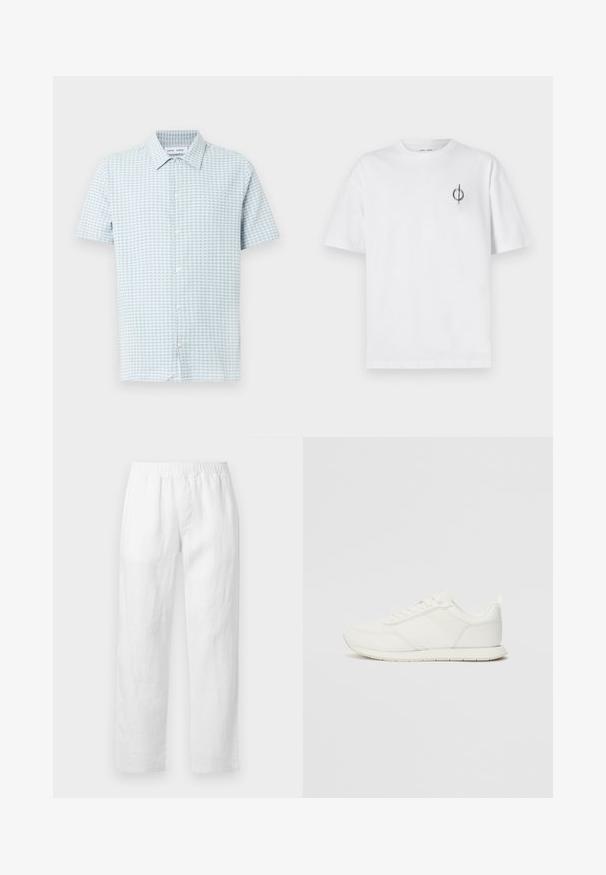 Short-sleeve button-up shirt in light blue and white gingham pattern. Made of lightweight fabric with a classic collar and standard fit.; White cotton t-shirt with a relaxed fit, featuring a small black graphic logo on the left chest area. Short sleeves, crew neck style.; White linen pants featuring an elastic waistband, straight-leg fit, and soft texture with no visible patterns or hardware details.; White sneaker with a mesh and synthetic upper, round toe, flat laces, and a textured side stripe. Rubber sole with a pull tab at the back.