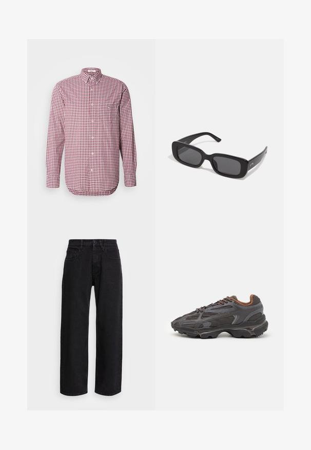 Punainen ja valkoinen ruudullinen nappipaita pitkillä hihoilla, kauluksella ja rintataskulla. Valmistettu kevyestä kankaasta, sileä tekstuuri.; Mustat denimit leveälahkeiset housut korkealla vyötäröllä, joissa on viisi taskua ja napitus. Kangas on sileä ja hieman joustava.; Lacoste-tennar i mörkgrått med nät- och syntetmaterial, med en texturerad sula och bruna accenter på kragen och märket.; Mustat suorakulmaiset aurinkolasit tummilla linsseillä, sileät muovipuitteet ja leveät sangat. Hienovarainen brändäys sivussa.