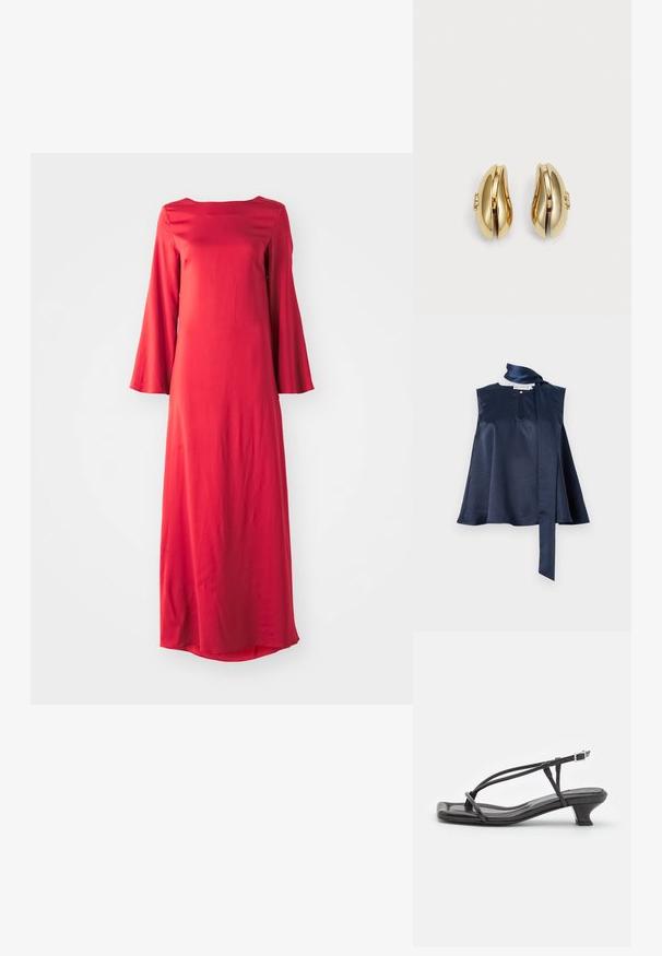 Merine satäänist valmistatud ilma varrukateta topp, millel on võtmeaugu detail, voogav disain ja pikk salvräti side kaela ümber, sujuva tekstuuri ja langusega.; Pikk punane kleit kergest kangast, millel on bateauneck ja laiad kellukesed. Sile tekstuur koos sirge siluettiga.; Must must sandaalid, millel on õhukesed rihmad, madal plokknina ja ruudukujuline varvas. Omab kinnitust nahkel ja sile pind.; Must mustre tote-kott, millel on ainulaadne V-kujuline disain ja sile tekstuur. Varustatud lühikese käepidemega, kus on minimalismiga varustatud riistvara detail.; Kuldtooni kõrvarõngad voolava ja kõvera disainiga. Igal kõrvarõngal on sile pind ja väike klamber dekoratiivse detailiga.