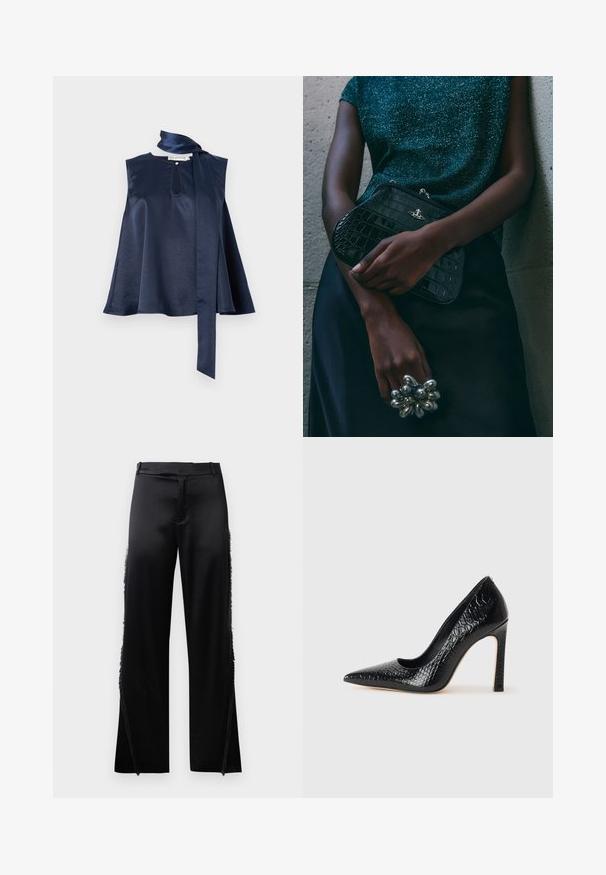 Mörkblå satinklänningslös topp med nyckelhålsdetalj, flödande design och en lång scarfknut vid halsen, med en mjuk textur och drapering.; Svarta satinpants med vida ben, som har fransdetaljer längs sidsömmarna och en platt midja fram. Enfärgad bak utan fickor.; Svart spetsig högklackad sko med krokodilskinnsstruktur, som har en elegant design, hög stilettklack och en slät svart innersula.; Svart clutchväska med krokodilmönster och silver detaljer, hålls mot en texturerad grå bakgrund. Har en blank yta.