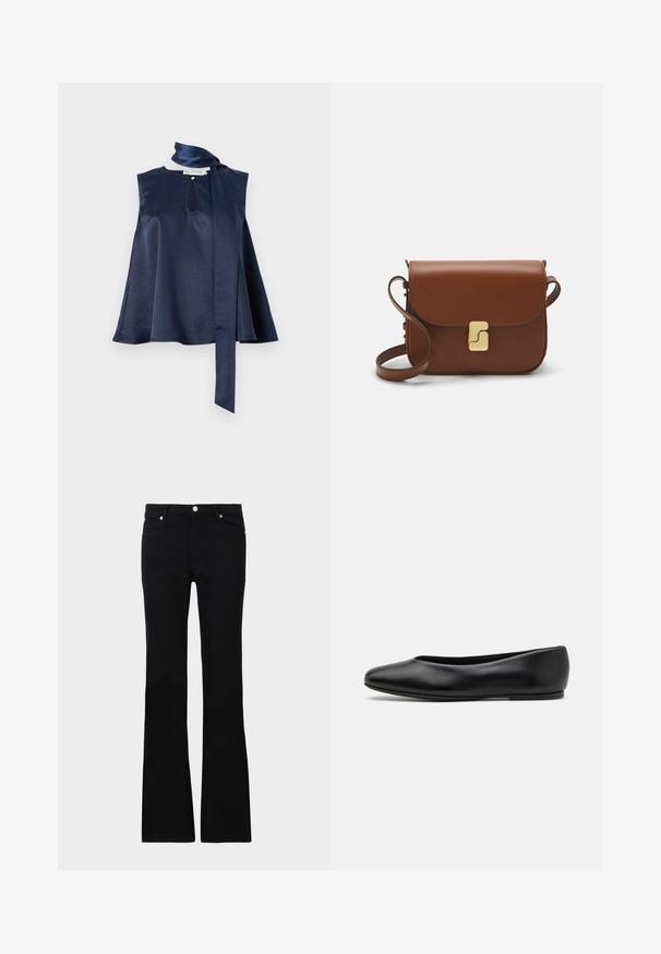 Top sem mangas em satin azul-marinho, apresentando um detalhe em forma de buraco, design fluido e um longo laço ao pescoço, com textura suave e caimento.; Calças pretas de ganga em corte flare, com dois bolsos frontais, fecho com botão e uma textura suave. Costura característica visível nas costuras.; Paul Smith TOPANGA - Sabrinas - black; Bolsa de couro castanho com fecho de aba, decoração em tom dourado, alça de ombro e textura suave. Formato retangular compacto.