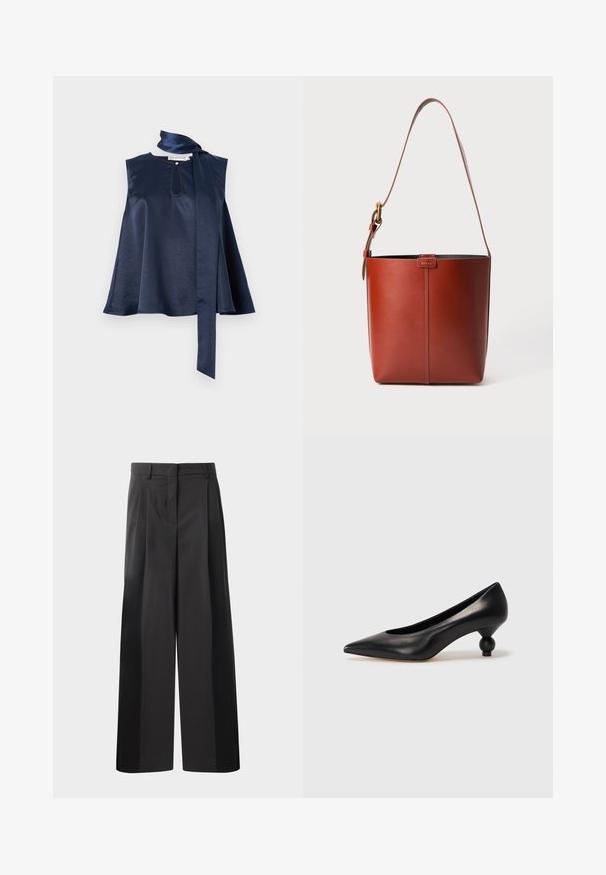 Navy satin sleeveless top featuring a keyhole detail, flowing design, and a long scarf tie at the neck, with smooth texture and drape.; Black wide-leg trousers with a high waist, featuring front pleats, a smooth texture, and a tailored finish. Designed for a relaxed fit.; Black leather high heel shoe with a pointed toe and a round, balled heel. Smooth texture with a sleek, minimal design.; Brown leather bucket bag with adjustable shoulder strap and gold-tone buckle, simple vertical seam detail on front.
