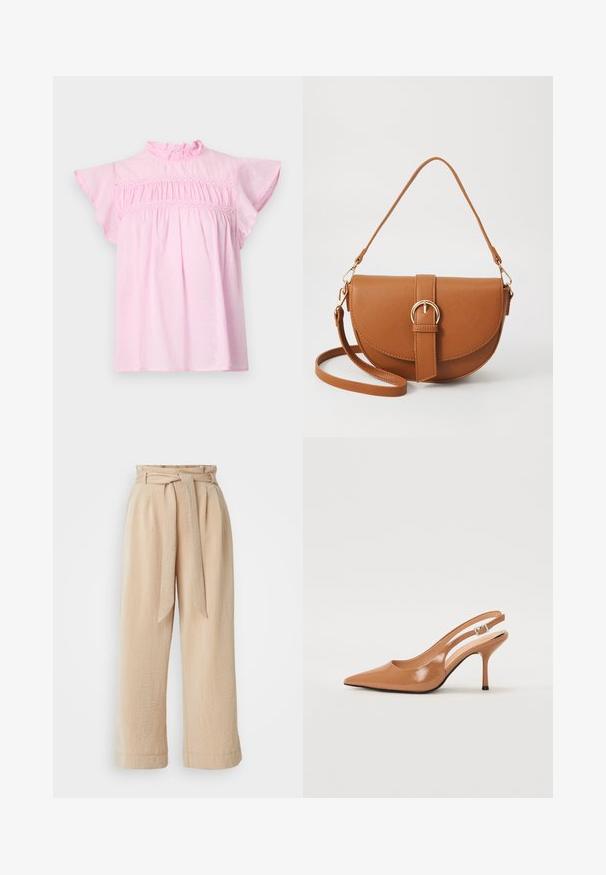 Różowa bawełniana bluzka z falbaniastym dekoltem, falującymi rękawami oraz marszczonym przodem ozdobionym koronkowym wykończeniem. Delikatna tekstura w kropki.; Beżowe spodnie typu wide-leg z paskiem w talii, wykonane z teksturowanej tkaniny. Posiadają fałdę z przodu oraz gładkie wykończenie u dołu.; Sandały na obcasie z kwadratowym noskiem, wykonane z gładkiego, błyszczącego materiału w kolorze brązowym. Charakteryzują się zaokrąglonym wycięciem i smukłym obcasem typu stiletto. Detal w postaci srebrnej klamry.; Brązowa skórzana torba na ramię o zaokrąglonym kształcie, ze złotymi akcentami i zapięciem w formie klamry. Posiada odpinany pasek na ramię.
