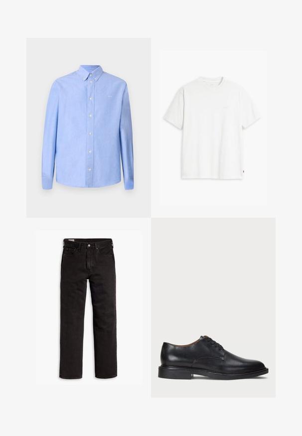 Svetlo modra srajca z dolgimi rokavi iz tkanine z gladko teksturo. Ima ovratnik z gumbi in bele gumbe. Majhna oznaka na prsih.; Bela bombažna majica s kratkimi rokavi, okroglim ovratnikom in subtilnim logotipom Levi's, natisnjenim na sredini. Mehak material in standardna oblika.; Črne kavbojke ravnega kroja z žepi, gumbnim zapiranjem in zankami za pas, ležijo položene na belem ozadju.; Črne usnjene oblečne čevlje s krožno konico, zavezovanje z vezalkami in nizko plastiko. Gladka tekstura z minimalnimi šivi.