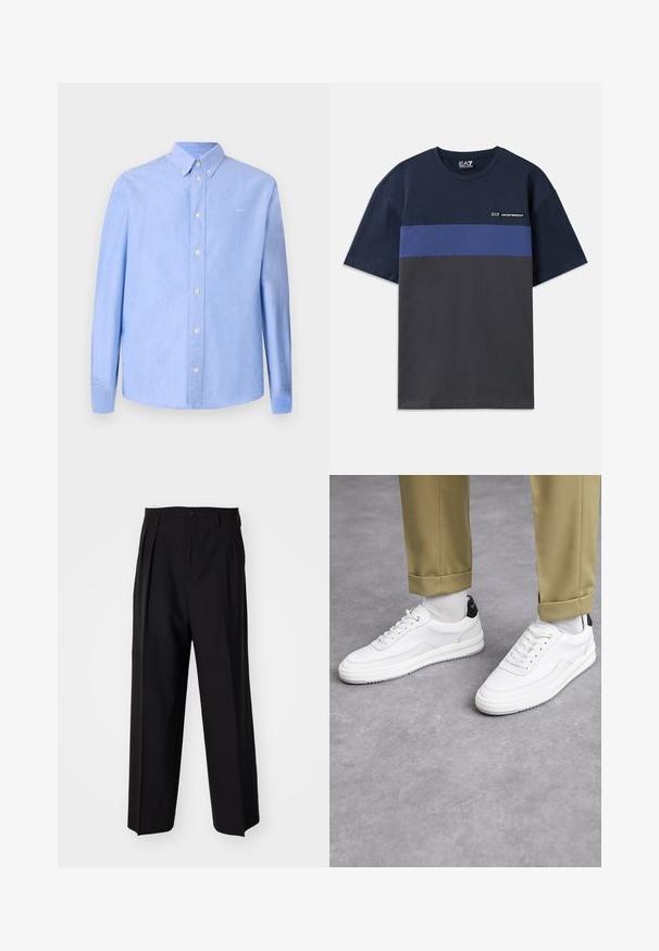 Lichtblauw overhemd met lange mouwen, gemaakt van stof met een gladde textuur. Beschikt over een button-down kraag en witte knopen. Klein logo op de borst.; Marineblauwe katoenen t-shirt met een horizontale blauwe streep en een antracietkleurig onderste deel. Bevat een klein logo aan de bovenlinkerzijde.; Zwarte geplooide broeken met een rechte, brede pijpontwerp. Gemaakt van soepele stof, met een knoopsluiting en riemlussen.; Witte sneakers met een textuur van leerafwerkingen, een ronde neus en een zwarte hielaccent. Rubberen zool met een klein profiel en gestikte details.
