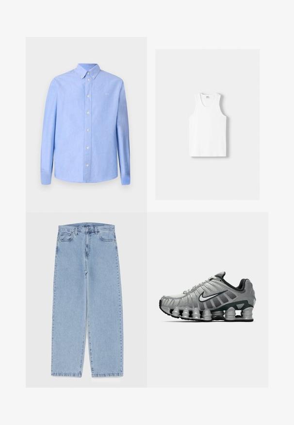 Chemise à manches longues bleu clair en tissu à texture lisse. Dotée d'un col boutonné et de boutons blancs. Petit logo sur la poitrine.; Débardeur en coton blanc avec un col rond, de larges bretelles et un ourlet droit, présentant une texture lisse et sans motifs visibles.; Jean en denim bleu clair avec une coupe droite, présentant une taille mi-haute, cinq poches, et une fermeture à bouton et à fermeture éclair.; Chaussure de course Nike grise et noire avec un coussin de type ressort visible sous la semelle et un logo swoosh blanc sur le côté.