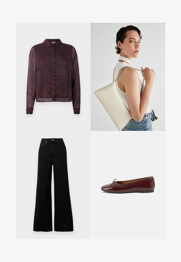 Maroon prosojen gumbasti srajc z dolgimi rokavi, ki ima valovito črtasto vzorčenje, ovratnik in enojne gumbe na manšetah.; Črne široke jeans hlače iz jeansa, z visokim pasom, petimi žepi, sprednjo zapenjavo na gumbe in minimalnimi šivi.; Burgundska patenti usnjeni baletni čevlji z zaobljenim prstom, majhnim lokom na sprednji strani in nizkim črnim gumijastim podplatom. Gladka tekstura.; Bela pravokotna torbica za ključe iz sijajnega materiala, opremljena s srebrno verižico. Model pozira in prikazuje torbico na enobarvni podlagi.