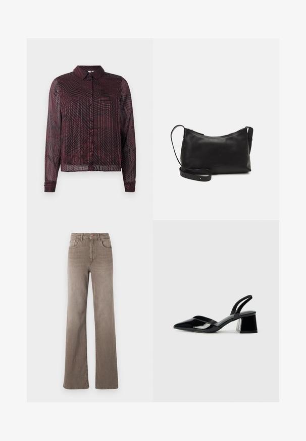 Maroon sheer button-up shirt with long sleeves, featuring a wavy striped pattern, collar, and single button cuffs.; Brown high-waist straight-leg jeans with front button, belt loops, and classic five-pocket design on a white background.; Black patent leather slingback heels with a pointed toe and a geometric block heel. Features a sleek, minimal design and smooth texture.; Black leather shoulder bag with a smooth texture, curved shape, adjustable strap, and a zip closure. Minimalist design without embellishments.