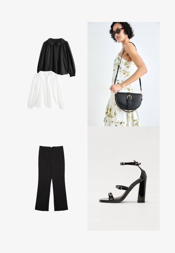 Zwei Blusen mit Kragen: eine schwarze, eine weiße; beide mit puffärmel, Knopfverschluss und Rüschenkragen. Aus Baumwollmaterial.; Schwarze Hose mit geradem Schnitt, ausgestattet mit Fronttaschen und Seitenschlitzen am Saum. Hergestellt aus weichem, glattem Stoff. Geeignet für verschiedene Anlässe.; Schwarze patentierte Sandalen mit Absatz, quadratischer Spitze, Knöchelriemen und silbernen Schnallen. Mit einem stabilen Blockabsatz für mehr Stabilität.; Schwarze Lederhandtasche mit geschwungener Form, abnehmbarem Tragegurt und goldenen Beschlägen. Die Tasche verfügt über einen Deckel mit einer Schnallen-Details.