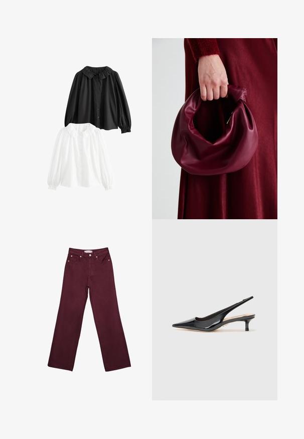 Due bluse collare: una nera, una bianca; entrambe con maniche a sbuffo, chiusura con bottoni e dettagli di collare arricciati. Materiale in cotone.; Jeans bordeaux a vita alta con design a gamba dritta, dotati di tasche frontali, chiusura con bottone e rifiniture in tono rame.; Tacco slingback in vernice nera con punta appuntita e tacco sottile di altezza media. Texture liscia con elementi di design minimalisti.; Borsa in pelle bordeaux con un design morbido e arricciato e una forma arrotondata. Il manico è fissato, mostrando una texture liscia.
