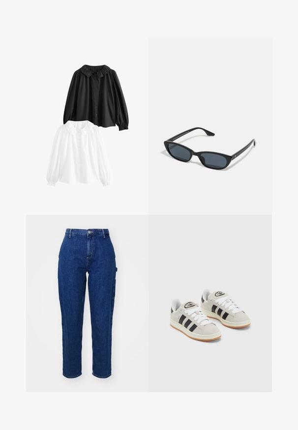 Two collared blouses: one black, one white; both with puffed sleeves, button fronts, and ruffled collar detailing. Cotton material.; Dark blue denim jeans with a high waist, straight-leg cut, front button closure, and side pockets. Smooth texture with a slight stretch.; Gray suede sneakers with white laces, black stripes, and a white rubber sole. Features a circular logo on the tongue and a gum sole.; Black cat-eye sunglasses with dark lenses, plastic frame, slim temples, and subtle branding on the inner arm. Matte finish texture.; Silver-toned metal earrings with a smooth, rounded teardrop shape and a polished finish, featuring a stud back for secure wear.