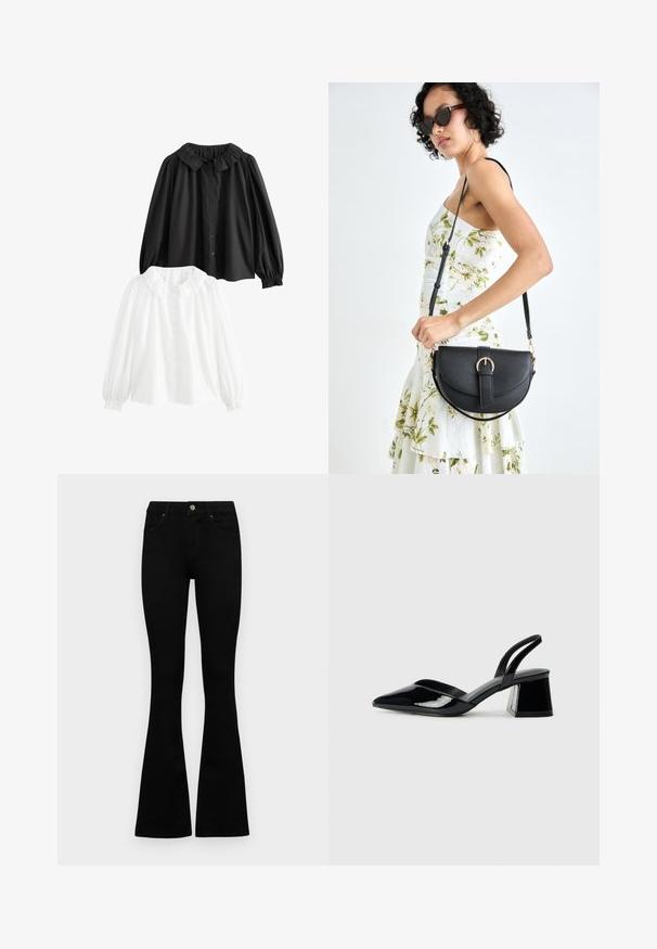 Två kragblusar: en svart, en vit; båda med puffärmar, knappfronter och volanger vid kragen. I bomullsmaterial.; Svarta högmidjade jeans med knäppning och dragkedja, frontfickor och utsvängda ben, liggande platt på en vit bakgrund.; Svarta lackläder slingback klackar med spetsig tå och geometrisk klack. Har en elegant, minimalistisk design och slät yta.; Svart läderhandväska med en böjd form, avtagbar rem och guldiga detaljer. Väskan har ett lock med en spänndetalj.
