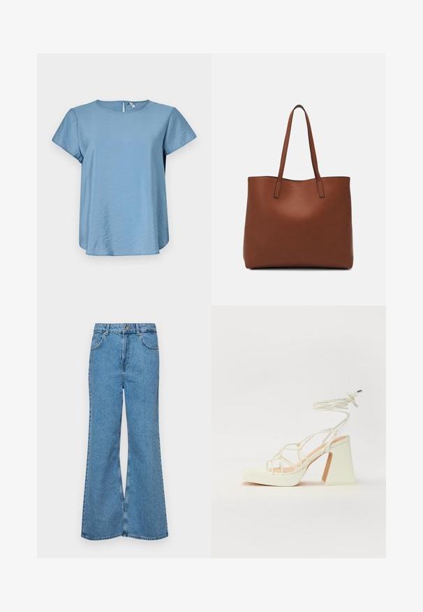 Light blue short-sleeve top with a round neckline, made from a smooth fabric, featuring a subtle sheen and a keyhole back closure.; Light blue flared jeans made of denim, featuring a high waist, five pockets, and a single button closure. Soft texture with faded finish.; White high-heeled sandal with a chunky heel, featuring a strappy design and ankle tie. Smooth texture with a platform front for added height.; Brown leather tote bag with a smooth texture, open top design, and two shoulder straps. Features minimal stitching and no visible hardware.