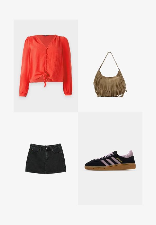 Červená blůza s dlouhým rukávem, výstřihem do V a předním zapínáním na knoflíky. Má zavazování v pase a měkkou, strukturovanou tkaninu.; Černá džínová minisukně s předním zapínáním na knoflíky, poutky na pásek a dvěma předními kapsami s měděnými nýty, ležící na bílém pozadí.; Černé a růžové semišové tenisky s gumovou podrážkou, třemi růžovými pruhy, zlatým brandingem "SPEZIAL" a texturovanou gumovou podrážkou. Nízký střih.; Hnědá semišová kabelka s dlouhými třásněmi, zakřiveným tvarem a jedním ramenním popruhem. Vyznačuje se hladkým, texturovaným povrchem.
