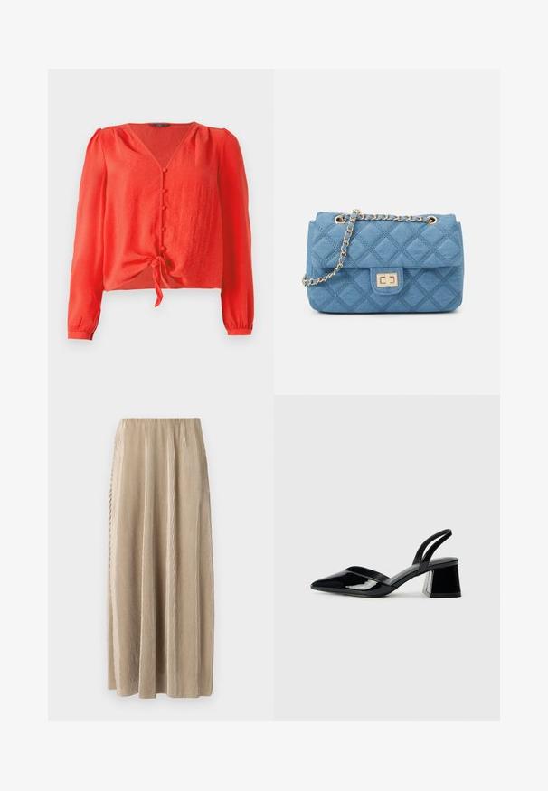 Bluză roșie cu mâneci lungi, de tip V, cu închidere cu nasturi în față. Are un cordon la talie și un material moale, texturat.; Fustă midi plisată bej, cu un talie elastică, prezentând dungi verticale și o siluetă fluidă pentru libertatea de mișcare.; Pantofi cu toc slingback din piele lacuită neagră, cu vârf ascuțit și toc geometric. Prezintă un design elegant, minimalist și o textură netedă.; ONLY ONLFLORENCE CROSSBODY BAG - Geantă crossbody - blue denim/gold