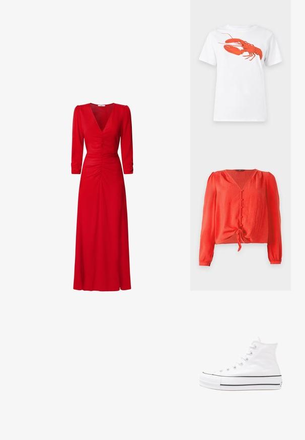 Czerwona bluzka z długim rękawem z dekoltem w kształcie V i zapięciem na guziki z przodu. Posiada wiązanie w talii oraz miękki, teksturowany materiał.; Biała bawełniana koszulka z dużą, jasnoczerwoną grafiką homara na przodzie. Krótkie rękawy i standardowy okrągły dekolt.; Czerwona sukienka z dekoltem w kształcie litery V, rękawami 3/4 oraz marszczonymi detalami w pasie i na plecach. Tkanina wydaje się gładka i lekka.; Białe wysokie trampki z płótna z czarną gumową podeszwą, przednim czubkiem z gumy i sześcioma dziurkami na sznurowadła, charakteryzujące się prostym, minimalistycznym designem.; Czerwona skórzana torebka o kanciastym, geometrycznym designie. Posiada jedną regulowaną rączkę oraz zapięcie na klapę z przeszyciami.