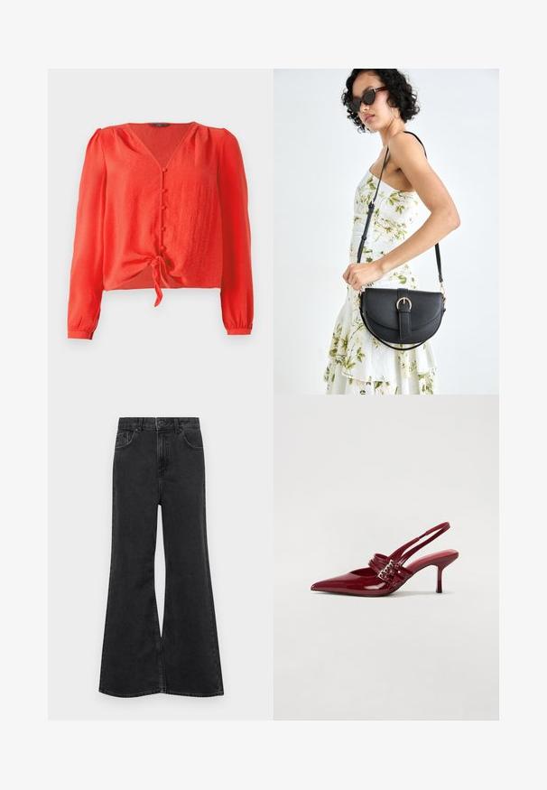 Piros, hosszú ujjú blúz V nyakkal és elöl gombos záródással. A deréknál megkötős rész található, valamint puha, texturált anyag jellemzi.; Fekete vászonból készült, széles szárú farmernadrág magas derékkal, öt zsebel, diszkrét varrásokkal és elülső gombos záródással.; Piros lakkbőr slingback sarokcipő, hegyes orral, két csatoló pánttal és vékony, közepes magasságú stiletto sarokkal. Simább textúrájú.; Fekete bőrtáska ívelt formával, levehető pánttal és arany színű fémrészekkel. A táskán egy csattal díszített fedél található.