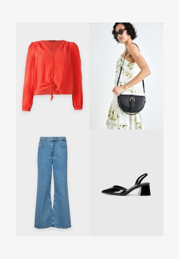 Blouse rouge à manches longues avec un décolleté en V et une fermeture à boutons sur le devant. Dotée d'un lien à la taille et d'un tissu doux et texturé.; Jean flare bleu clair en denim, avec une taille haute, cinq poches et une fermeture à un bouton. Texture douce avec une finition décolorée.; Escarpins en cuir verni noir avec bout pointu et talon bloc géométrique. Présente un design élégant et minimaliste ainsi qu'une texture lisse.; Sac à main en cuir noir avec une forme courbée, bandoulière amovible et des accessoires en or. Le sac est doté d'un rabat avec un détail de boucle.