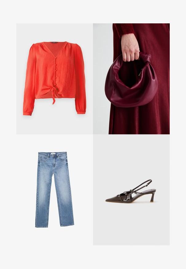 Punainen pitkähihaine paita, jossa on V-pääntie ja edessä nappikiinnitys. Ominaisuuksiin kuuluvat vyötärölle solmittava nauha ja pehmeä, teksturoitu kangas.; Suorat siniset farkut, joissa on haalistunut pesu, viisi taskua ja klassinen nappisulku. Puuvillamateriaali, jossa on näkyvää ompelua.; Ruskea patenttina verhoiltu slingback-korkokenkä, jossa on teräväkärkinen muotoilu, säädettävät hihnat ja koristeelliset soljet edessä. Korkeus 3 tuumaa.; Burgundy-nahkakäsilaukku, jossa on pehmeä, ryppyinen muotoilu ja pyöreä muoto. Kahva on kiinnitetty tukevasti, ja siinä on sileä pinta.