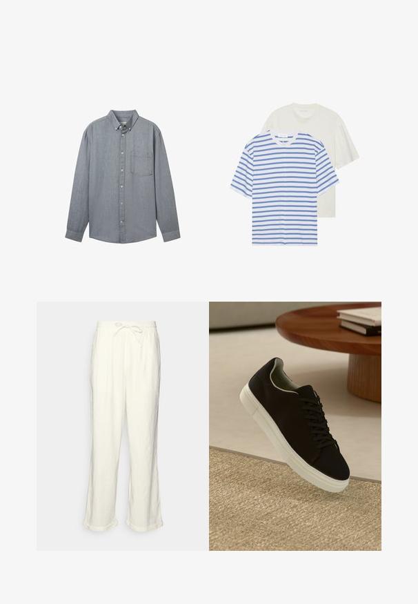 Siva košulja s dugim rukavima, ovratnikom, jednim džepom na prsima i teksturiranim materijalom. Zakopčana je vidljivim gumbima sprijeda.; Dva majice kratkih rukava: jedna bijela s plavim prugama i jedna u jednoličnoj svijetloj boji. Mekani pamučni materijal, dizajn s okruglim izrezom, opušteni kroj.; Linen hlače u boji slonovače s elastičnim pojasom, lagano širokim nogavicama i uvrnutim manžetama za opušteni izgled. Bez džepova.; Crna tenisica s bijelim potplatom koja lebdi iznad bež teksturiranog tepiha pored okruglog drvenog stola sa složenim knjigama.